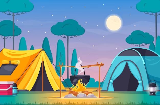 Camping Composition With Two Tents Fire Cool Box With Trees Night Sky Cartoon 1284 54942