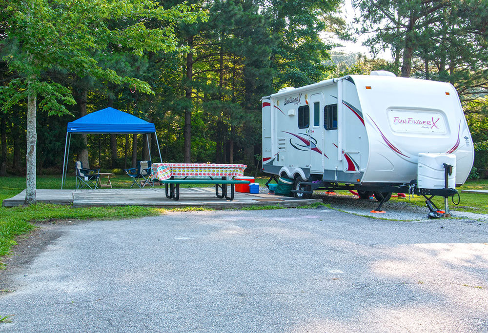 Eden is the most unique area of the campground: every site includes water, electric, sewer, and cable and some include concrete pads and decks.