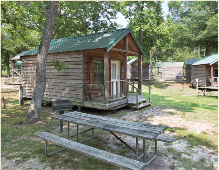 Our rustic cabins come with a picnic table and a charcoal grill.
